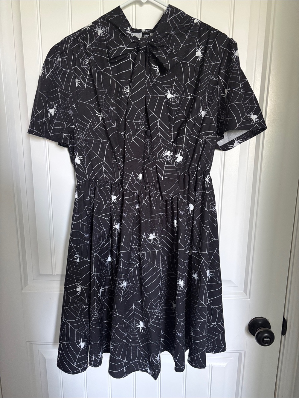 SHEIN Black Short Sleeve Spiderweb Mini Dress with White Spider Print